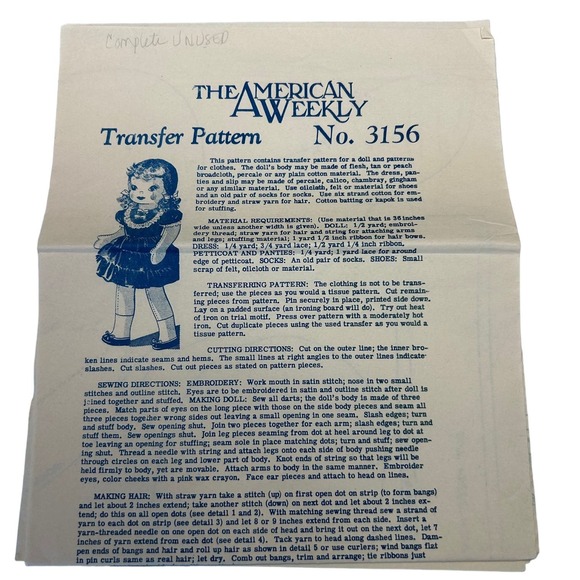 American Weekly Vintage Doll Transfer Pattern #3156 Doll and Clothes HTF RARE - Picture 1 of 3